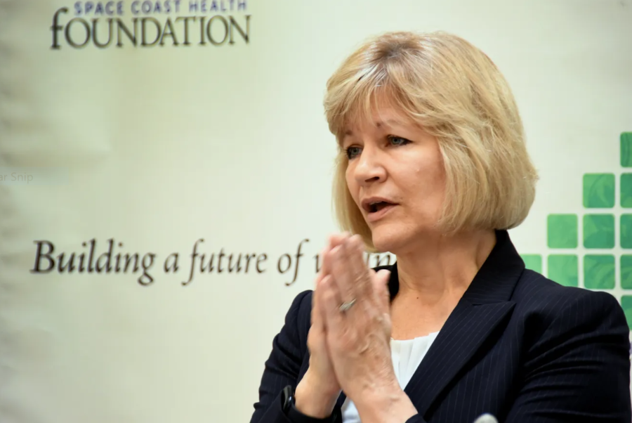 Dr. Lori Parsons, director of Space Coast Health Foundation’s Lifetime Counseling Center, speaks at a press conference announcing the state appropriation.